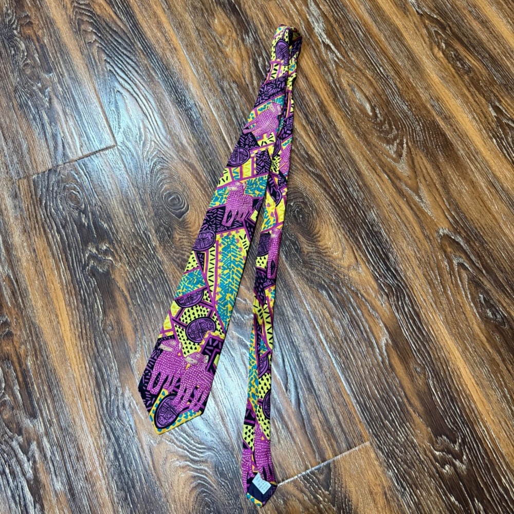Vintage 1993 RM Style Dayo Alakija Leopards Silk Tie Purple Yellow Geometric USA